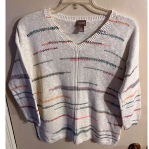 Chicos Womens V-Neck Sweater Cream Pastel Striped 3/4 Sleeve Knit Top Size 1 Med